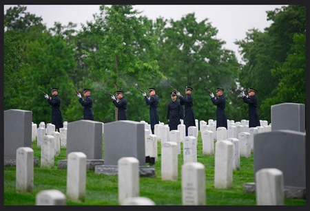 Members of the 3d U.S. Infantry Regiment (The Old Guard) perform a three rifle volley during the graveside service for U.S. Army 1st Lt. Weston C. Lee in Arlington National Cemetery, Arlington, Va., May 25, 2017. Lee was interred in Section 60 with full military honors. (U.S. Army photo by Elizabeth Fraser/Arlington National Cemetery/released)