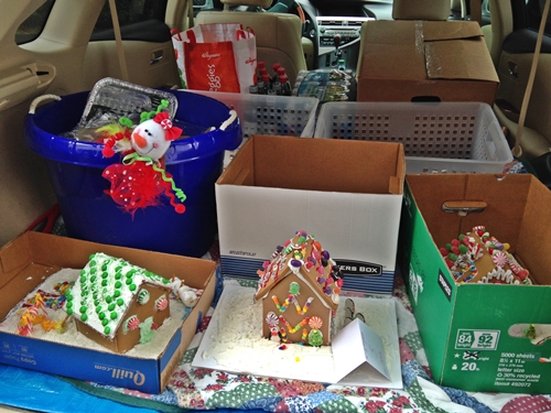 Katie's car loaded with the gingerbread houses.